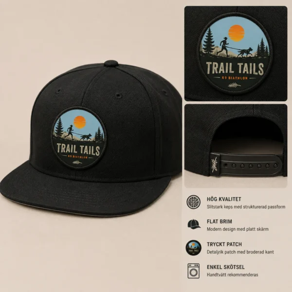 Svart keps med flat brim och tryckt patch